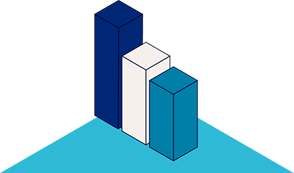 Three vertical bar charts of varying heights, colored blue and white, on a light blue triangular base.