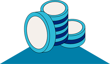 Three stylised blue and white casino chips stacked on a gradient blue background.